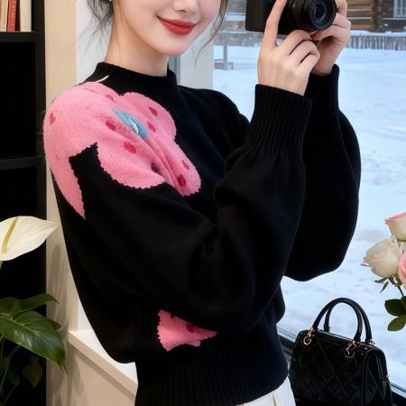 FA54119# 黑色提花内搭打底针织衫毛衣女秋冬季慵懒松弛感绝美漂亮上衣 服裝批發女裝批發服飾貨源