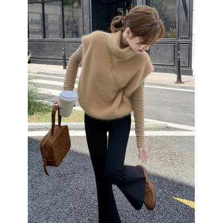 FA54120# 韩系超好看叠穿针织马甲背心女款冬外穿毛茸茸卡其色马夹上衣 服裝批發女裝批發服飾貨源