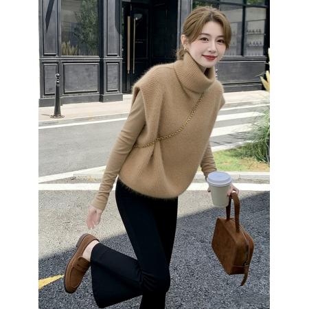 FA54120# 韩系超好看叠穿针织马甲背心女款冬外穿毛茸茸卡其色马夹上衣 服裝批發女裝批發服飾貨源