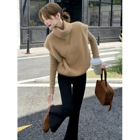 FA54120# 韩系超好看叠穿针织马甲背心女款冬外穿毛茸茸卡其色马夹上衣 服裝批發女裝批發服飾貨源