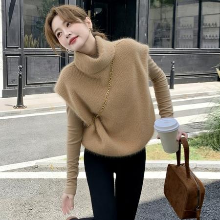 FA54120# 韩系超好看叠穿针织马甲背心女款冬外穿毛茸茸卡其色马夹上衣 服裝批發女裝批發服飾貨源
