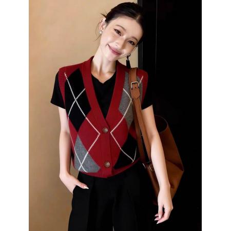 FA54121# 高级感菱形V领无袖坎肩百搭洋气舒适马甲针织衫设计感韩系复古女 服裝批發女裝批發服飾貨源