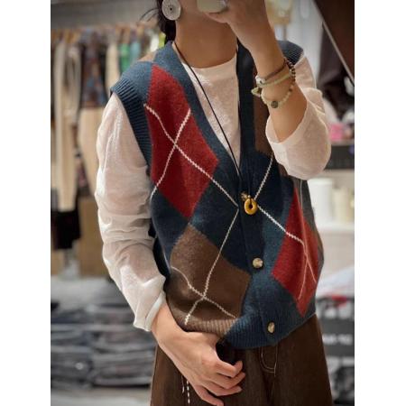 FA54121# 高级感菱形V领无袖坎肩百搭洋气舒适马甲针织衫设计感韩系复古女 服裝批發女裝批發服飾貨源