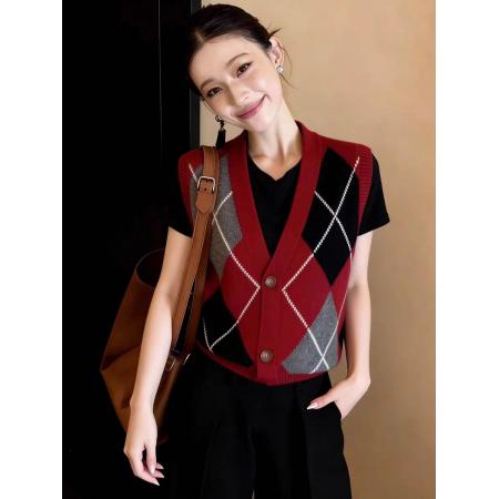 FA54121# 高级感菱形V领无袖坎肩百搭洋气舒适马甲针织衫设计感韩系复古女 服裝批發女裝批發服飾貨源