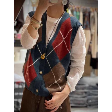 FA54121# 高级感菱形V领无袖坎肩百搭洋气舒适马甲针织衫设计感韩系复古女 服裝批發女裝批發服飾貨源