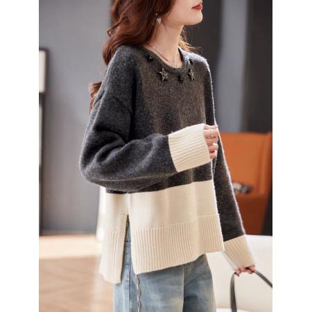 圆领手工钉钻拼接加厚毛衣秋冬洋气撞色宽松慵懒百搭针织上衣 服裝批發女裝批發服飾貨源