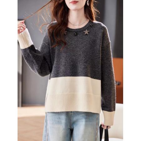 FA54123# 圆领手工钉钻拼接加厚毛衣秋冬洋气撞色宽松慵懒百搭针织上衣 服裝批發女裝批發服飾貨源