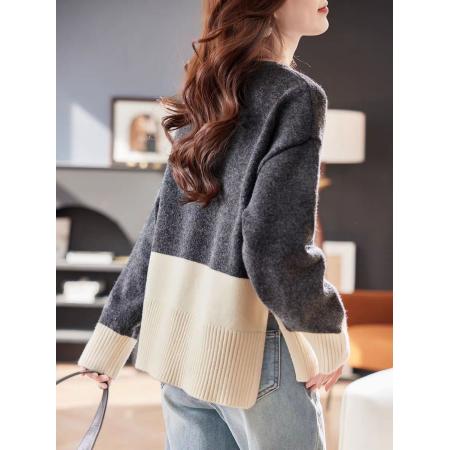 FA54123# 圆领手工钉钻拼接加厚毛衣秋冬洋气撞色宽松慵懒百搭针织上衣 服裝批發女裝批發服飾貨源