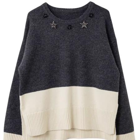 FA54123# 圆领手工钉钻拼接加厚毛衣秋冬洋气撞色宽松慵懒百搭针织上衣 服裝批發女裝批發服飾貨源