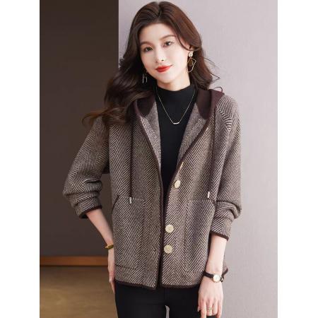 FA54124# 连帽超好看的外套女士洋气加厚秋冬新款宽松显瘦毛呢针织大衣 服裝批發女裝批發服飾貨源