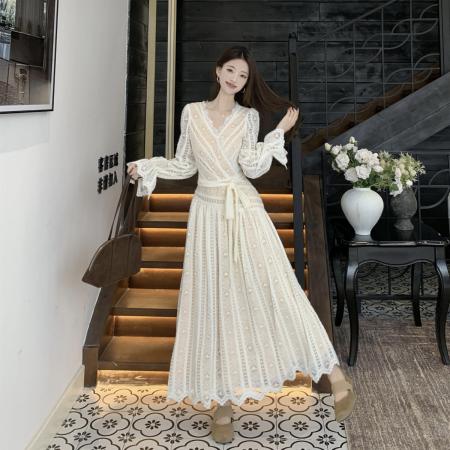 FA54125# 春季胖MM法式复古蕾丝长袖收腰绑带连衣裙女显瘦气质a字长裙 服裝批發女裝批發服飾貨源