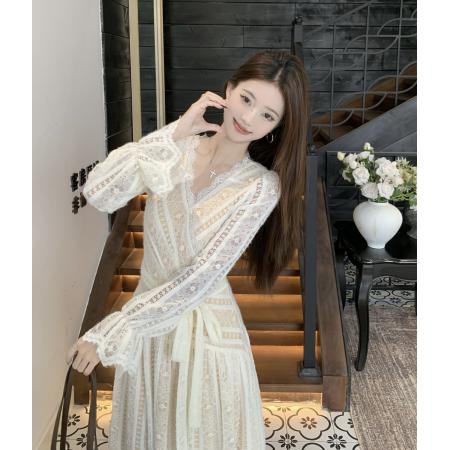 FA54125# 春季胖MM法式复古蕾丝长袖收腰绑带连衣裙女显瘦气质a字长裙 服裝批發女裝批發服飾貨源