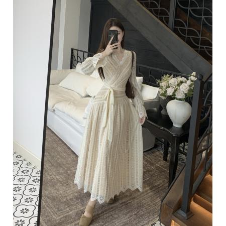 FA54125# 春季胖MM法式复古蕾丝长袖收腰绑带连衣裙女显瘦气质a字长裙 服裝批發女裝批發服飾貨源