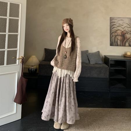 FA54126# 早春复古文艺穿搭长袖晕染蕾丝打底衫百搭针织背心配半身裙 服裝批發女裝批發服飾貨源
