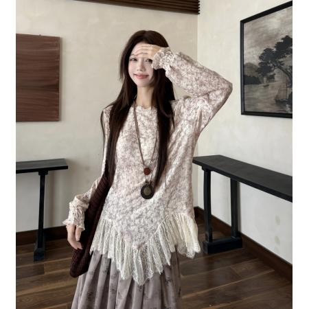 FA54126# 早春复古文艺穿搭长袖晕染蕾丝打底衫百搭针织背心配半身裙 服裝批發女裝批發服飾貨源