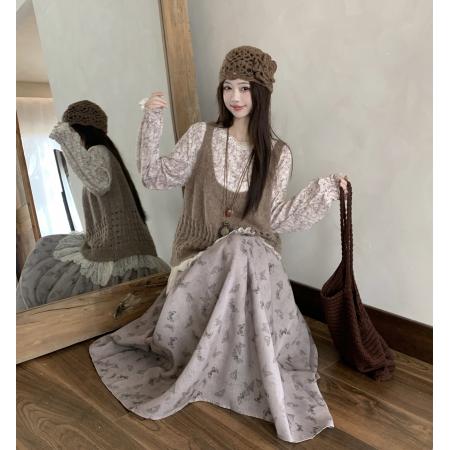 FA54126# 早春复古文艺穿搭长袖晕染蕾丝打底衫百搭针织背心配半身裙 服裝批發女裝批發服飾貨源