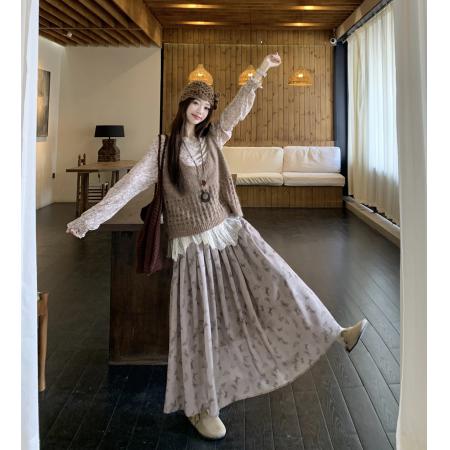 FA54126# 早春复古文艺穿搭长袖晕染蕾丝打底衫百搭针织背心配半身裙 服裝批發女裝批發服飾貨源