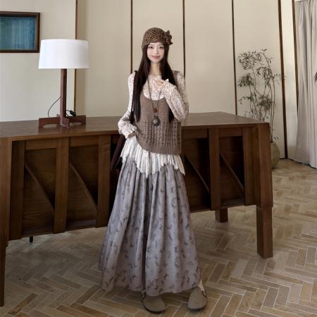 FA54126# 早春复古文艺穿搭长袖晕染蕾丝打底衫百搭针织背心配半身裙 服裝批發女裝批發服飾貨源