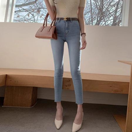 FA54128# 浅蓝九分毛边铅笔牛仔裤女早春新款高腰小个子紧身显瘦小脚裤 服裝批發女裝批發服飾貨源