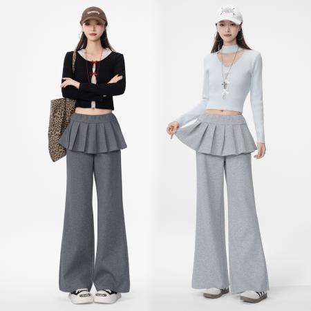 FA54129# 早春新款设计感叠穿百褶裙裤微喇裤纯色简约风曼巴棉 服裝批發女裝批發服飾貨源