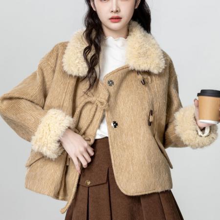 FA54132# 卡其色拼接毛领羊羔毛外套女秋冬款高级感通勤百搭毛茸茸 服裝批發女裝批發服飾貨源