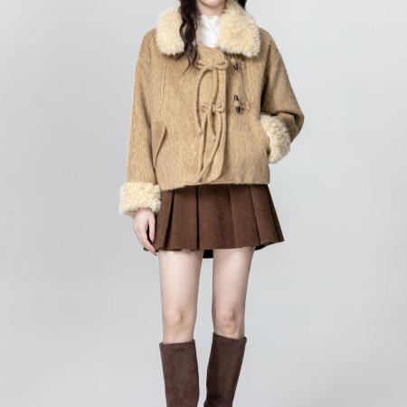 FA54132# 卡其色拼接毛领羊羔毛外套女秋冬款高级感通勤百搭毛茸茸 服裝批發女裝批發服飾貨源