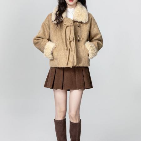 FA54132# 卡其色拼接毛领羊羔毛外套女秋冬款高级感通勤百搭毛茸茸 服裝批發女裝批發服飾貨源