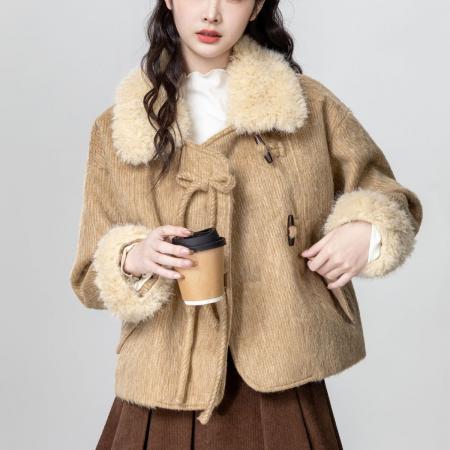 FA54132# 卡其色拼接毛领羊羔毛外套女秋冬款高级感通勤百搭毛茸茸 服裝批發女裝批發服飾貨源
