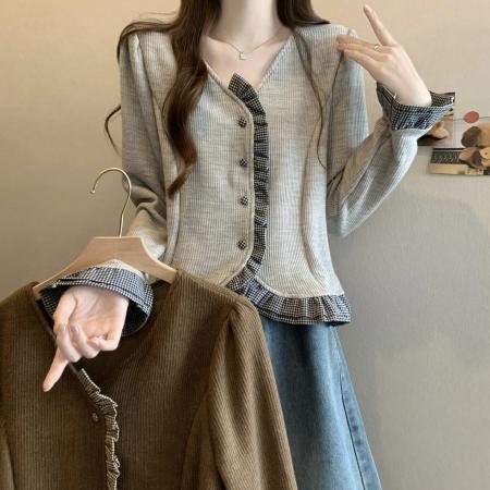 FA54133# 大码女装春季新款设计感拼接木耳边短款时尚长袖针织开衫 服裝批發女裝批發服飾貨源