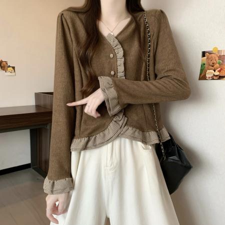 FA54133# 大码女装春季新款设计感拼接木耳边短款时尚长袖针织开衫 服裝批發女裝批發服飾貨源