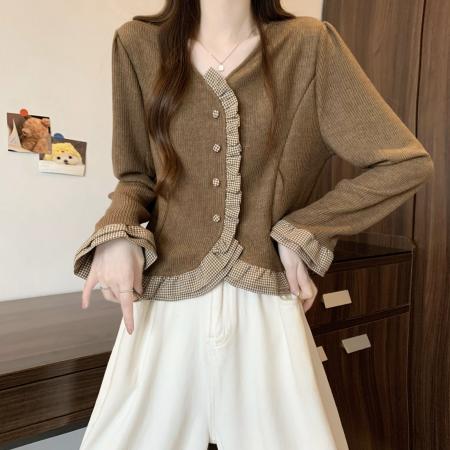 FA54133# 大码女装春季新款设计感拼接木耳边短款时尚长袖针织开衫 服裝批發女裝批發服飾貨源