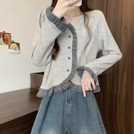 FA54133# 大码女装春季新款设计感拼接木耳边短款时尚长袖针织开衫 服裝批發女裝批發服飾貨源