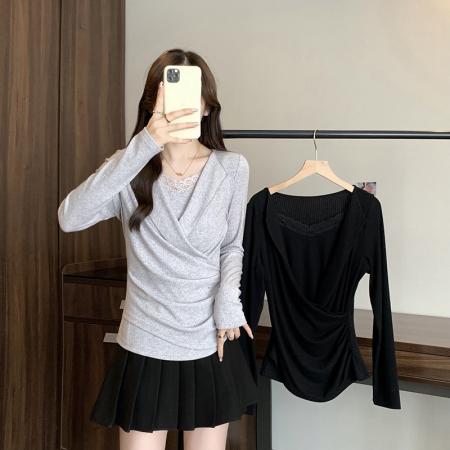 秋装新款胖mm大码女纯欲假两件蕾丝花边内搭长袖上衣 服裝批發女裝批發服飾貨源