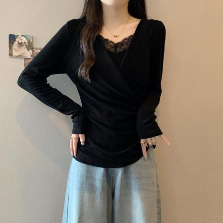 FA54134# 秋装新款胖mm大码女纯欲假两件蕾丝花边内搭长袖上衣 服裝批發女裝批發服飾貨源