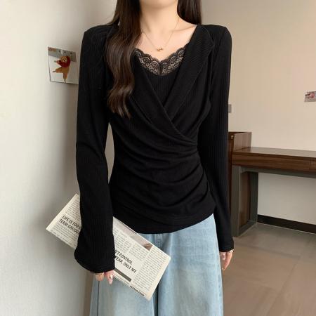 FA54134# 秋装新款胖mm大码女纯欲假两件蕾丝花边内搭长袖上衣 服裝批發女裝批發服飾貨源