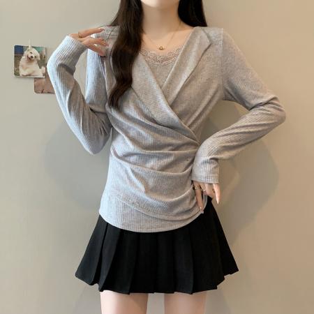 FA54134# 秋装新款胖mm大码女纯欲假两件蕾丝花边内搭长袖上衣 服裝批發女裝批發服飾貨源