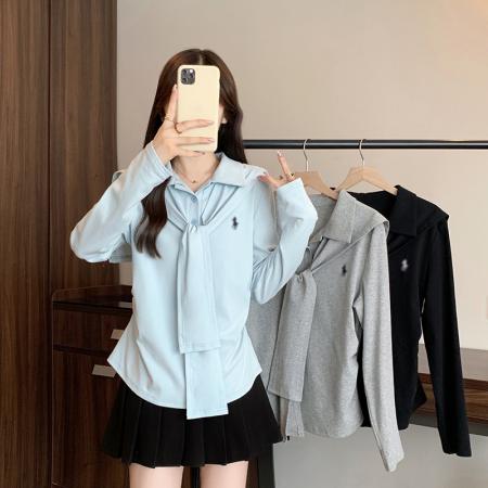 秋装新款胖mm大码女减龄海军领绑带刺绣弧形长袖上衣 服裝批發女裝批發服飾貨源