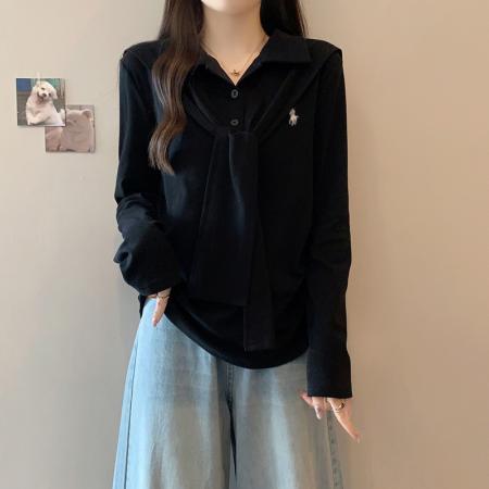 FA54135# 秋装新款胖mm大码女减龄海军领绑带刺绣弧形长袖上衣 服裝批發女裝批發服飾貨源