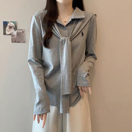 FA54135# 秋装新款胖mm大码女减龄海军领绑带刺绣弧形长袖上衣 服裝批發女裝批發服飾貨源