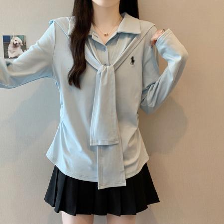 FA54135# 秋装新款胖mm大码女减龄海军领绑带刺绣弧形长袖上衣 服裝批發女裝批發服飾貨源