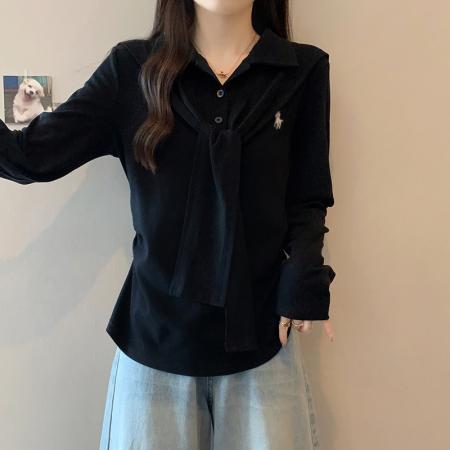 FA54135# 秋装新款胖mm大码女减龄海军领绑带刺绣弧形长袖上衣 服裝批發女裝批發服飾貨源