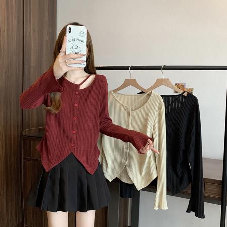 FA54136# 秋装新款胖mm大码女时尚设计感小心机不规则别致针织上衣 服裝批發女裝批發服飾貨源