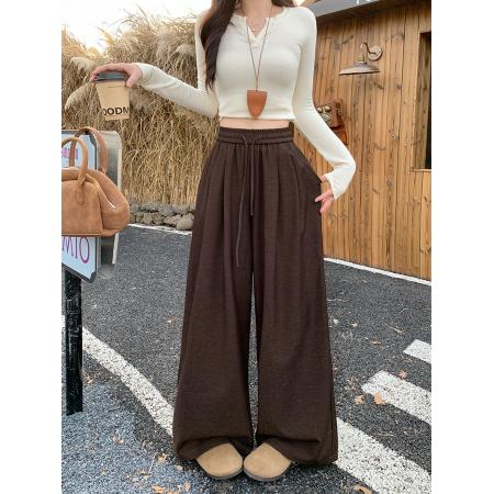 FA54137# 秋装新款胖mm大码女休闲百搭显高显瘦抽绳松紧腰阔腿裤 服裝批發女裝批發服飾貨源