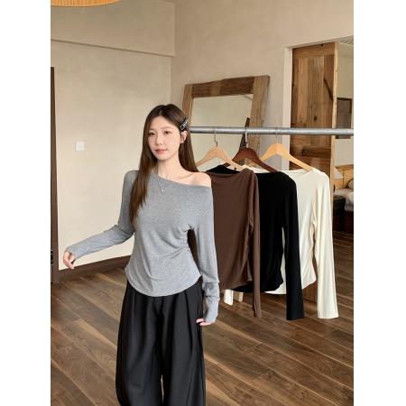 秋装新款胖mm大码女韩系百搭斜领纯色修身显瘦长袖上衣 服裝批發女裝批發服飾貨源