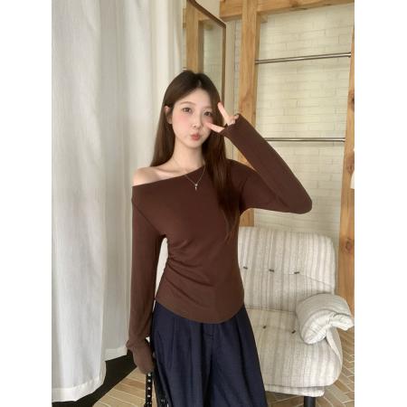 FA54139# 秋装新款胖mm大码女韩系百搭斜领纯色修身显瘦长袖上衣 服裝批發女裝批發服飾貨源