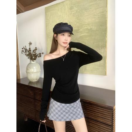 FA54139# 秋装新款胖mm大码女韩系百搭斜领纯色修身显瘦长袖上衣 服裝批發女裝批發服飾貨源