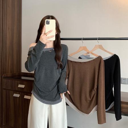 秋装新款胖mm大码女撞色斜领拼接条纹不规则长袖T恤 服裝批發女裝批發服飾貨源