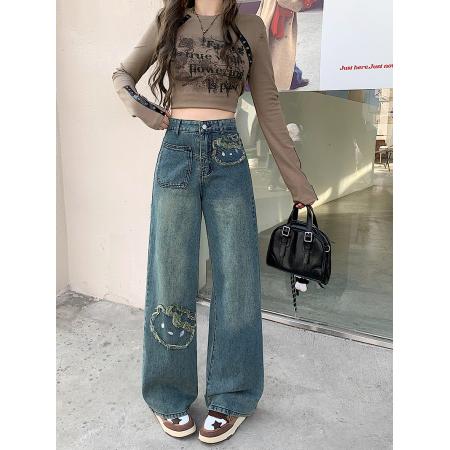 FA54141# 秋装新款胖mm大码女设计感做旧贴布卡通绣花牛仔阔腿裤 服裝批發女裝批發服飾貨源