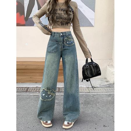 FA54141# 秋装新款胖mm大码女设计感做旧贴布卡通绣花牛仔阔腿裤 服裝批發女裝批發服飾貨源