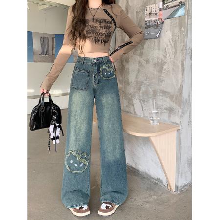 FA54141# 秋装新款胖mm大码女设计感做旧贴布卡通绣花牛仔阔腿裤 服裝批發女裝批發服飾貨源